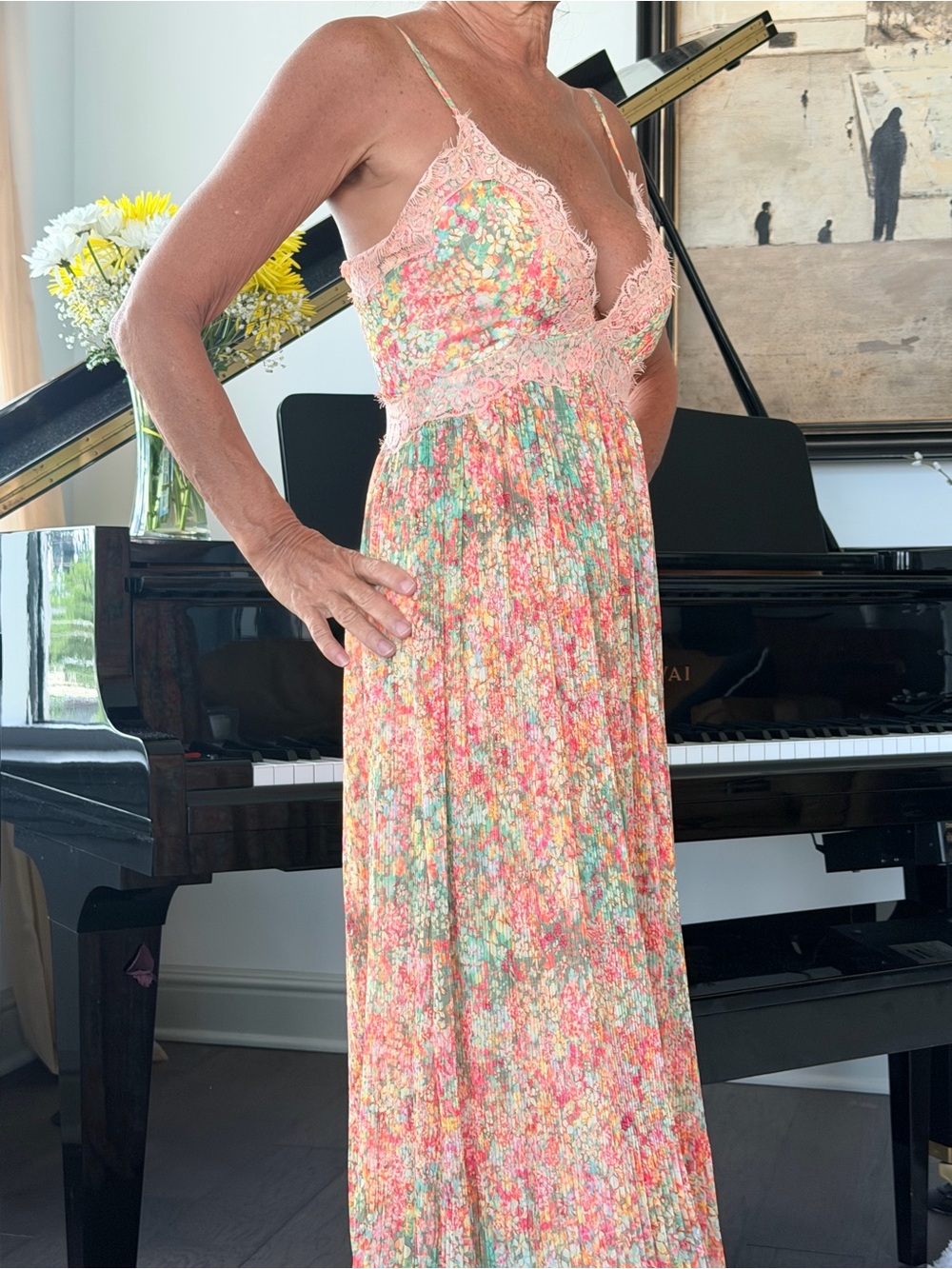 Rococo Sand Floral Lace-Trim Maxi Dress in Coral and Mint